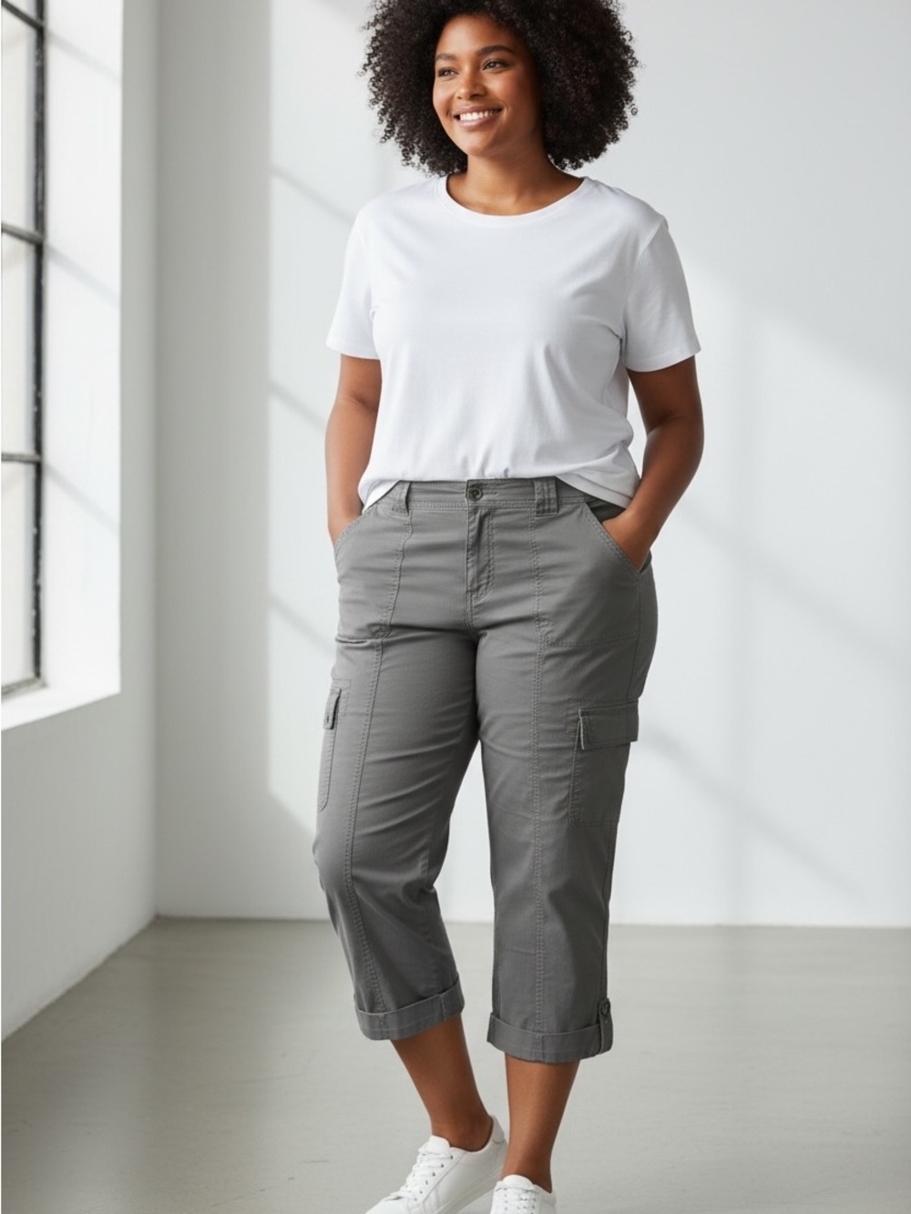Casual Women’s Cropped Cargo Pants — Gray/Brown Size 16P